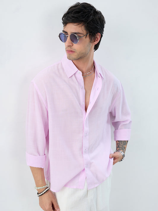 Pink Pearl Slub Textured Boxy Fit Crop Shirt