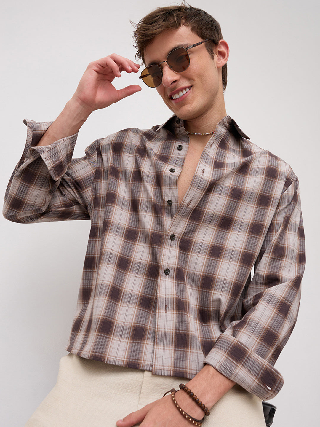 Coffee Haze Plaid Checks Boxy Fit Crop Shirt