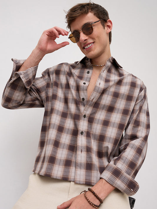 Coffee Haze Plaid Checks Boxy Fit Crop Shirt
