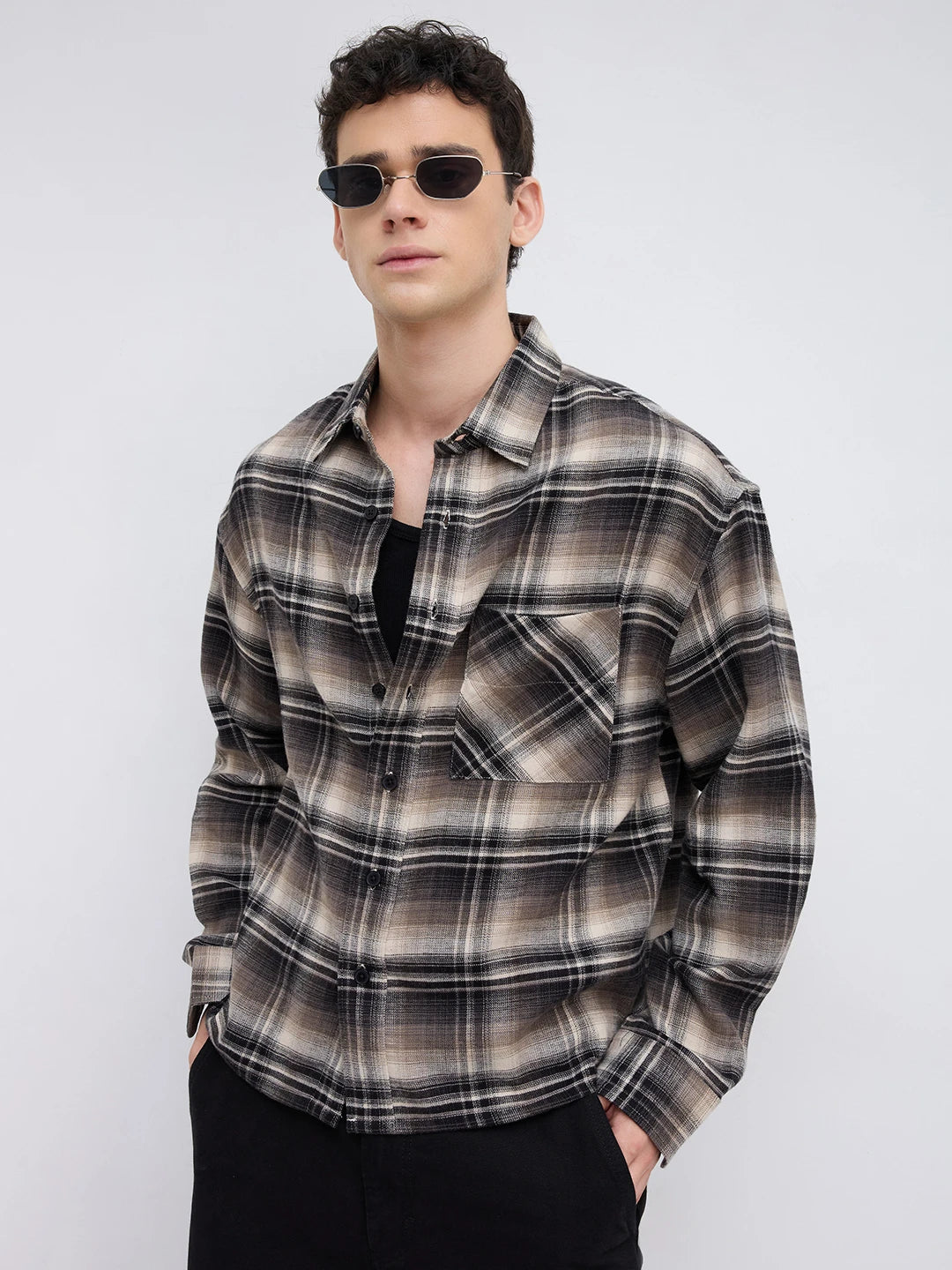 Rich Black & Brown Winter Plaid Shadow Checks Flannel Boxy Fit Crop Shirt