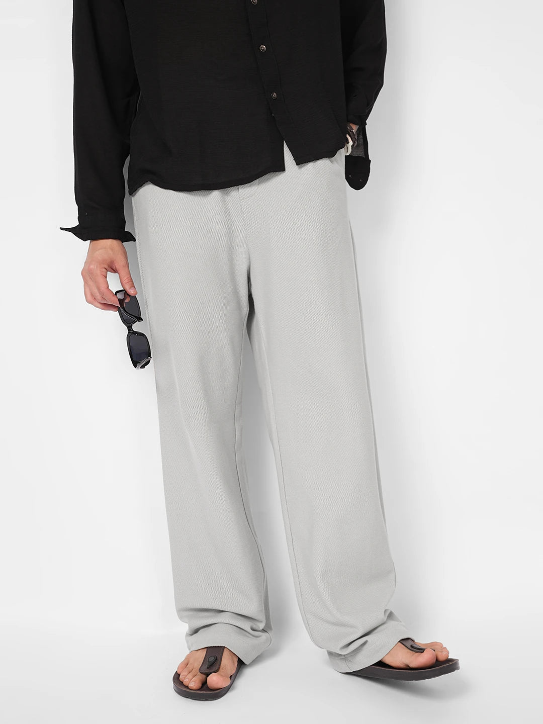 Grey Honeycomb Textured Knitted Straight Fit Trousers