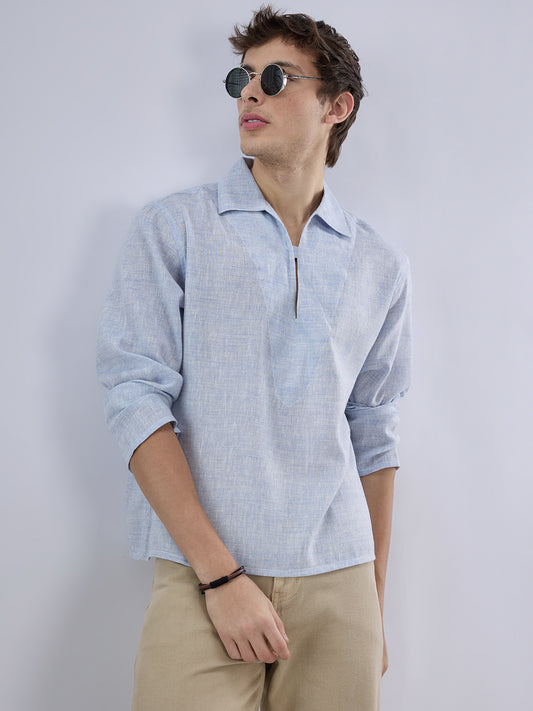 Sky Blue Textured Cuffless Oversized Shirt