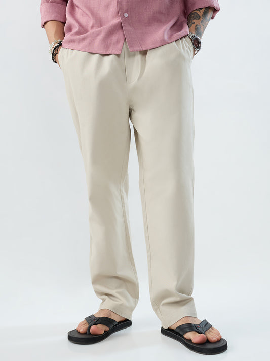 Solid Stone Beige Tapered Trousers