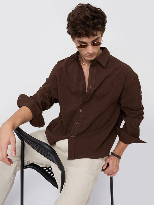 Espresso Brown Seersucker Boxy Fit Crop Shirt