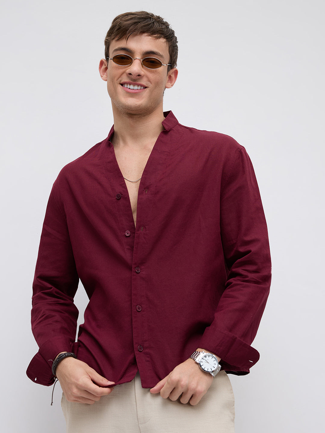 Deep Maroon Linen Blend Stand Collar Oversized Shirt