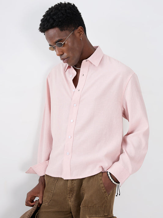 Blush Pink Fine Weave Boxy Fit Crop Shirt