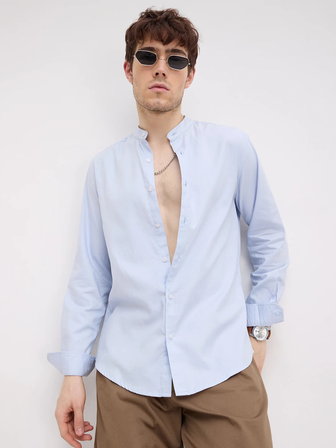 Pastel Blue Herringbone Textured Mandarin Shirt