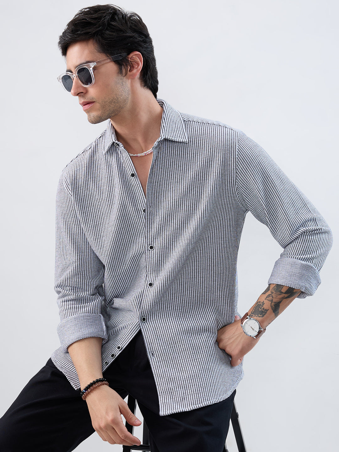 White Grid Textured Knitted Shirt