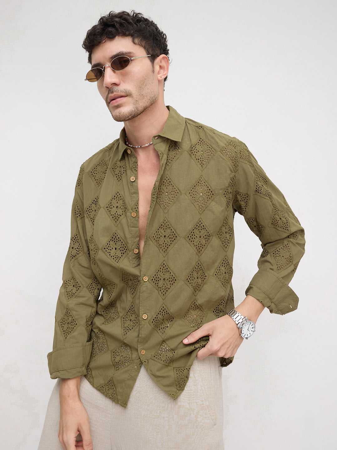 Olive Lozenge Schiffli Shirt