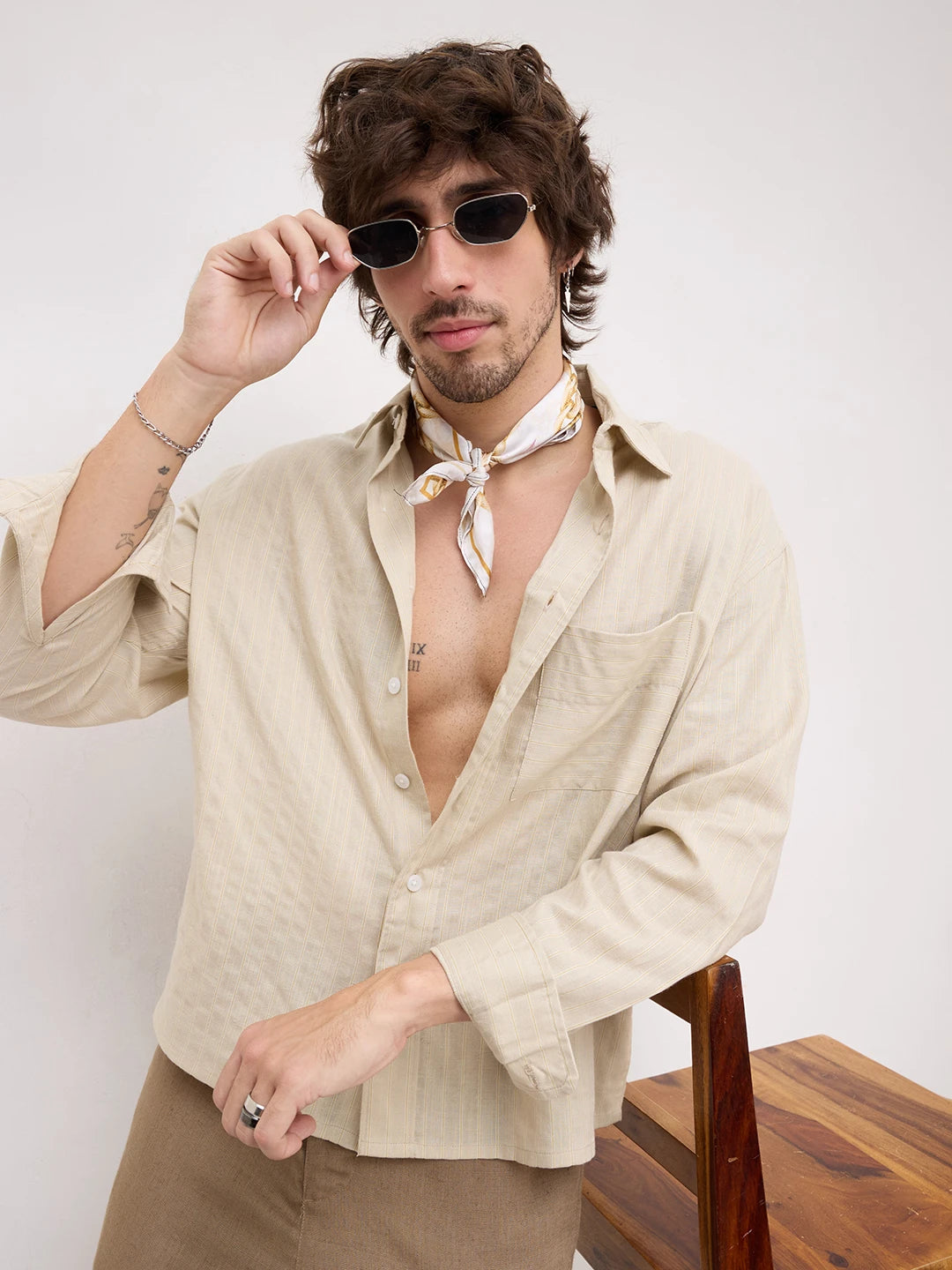 Beige Dunescape Pinstripe Boxy Fit Crop Shirt