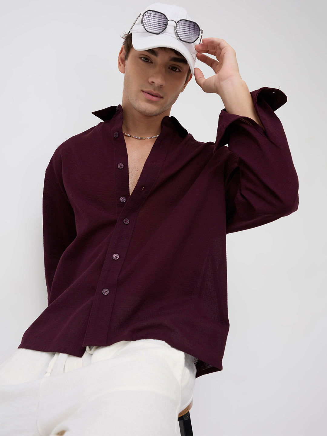 Wine Micro Jacquard Weave Boxy Fit Crop Shirt