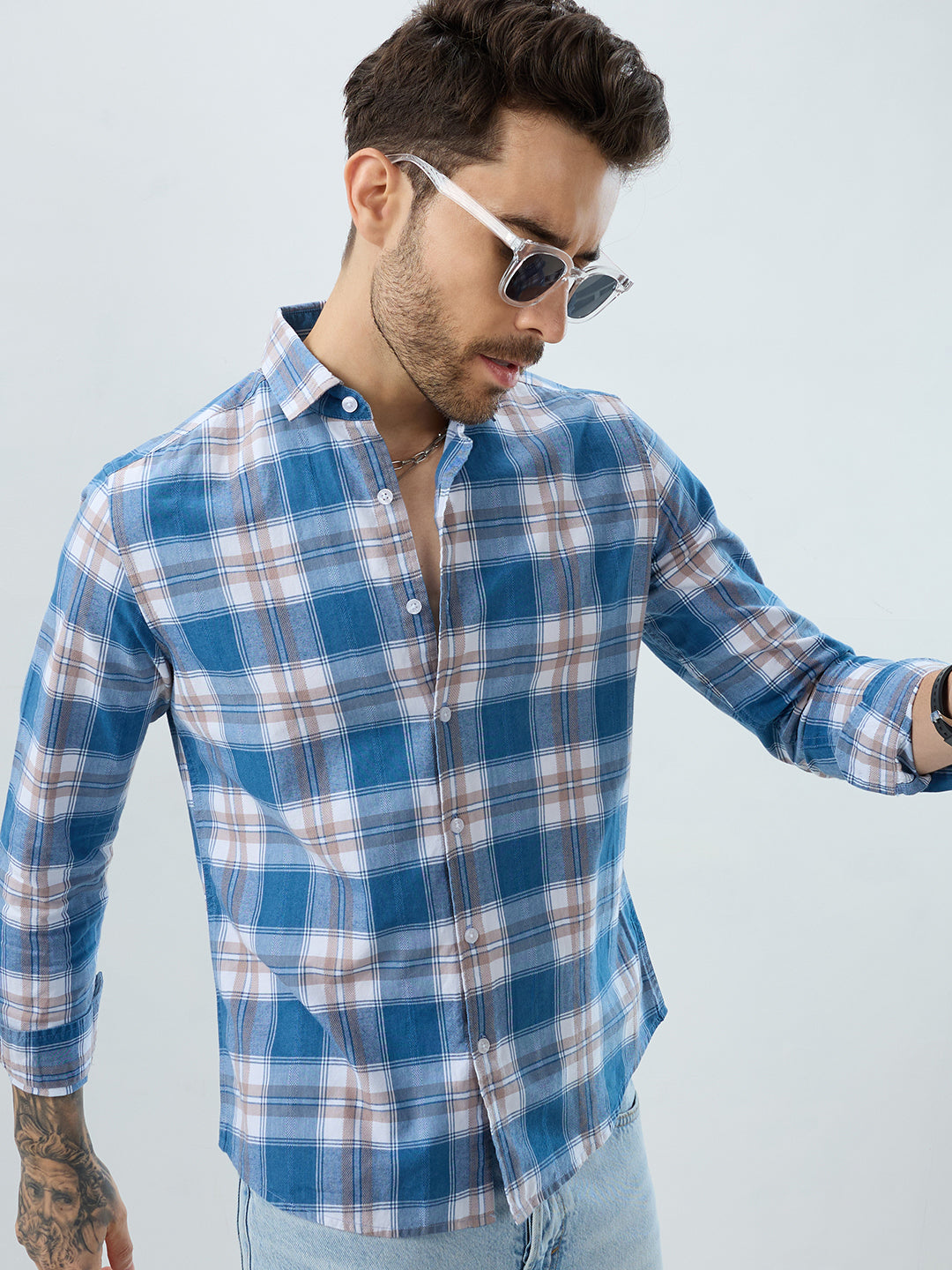 Premium Powder Blue Plaid Checks Denim Textured Shirt