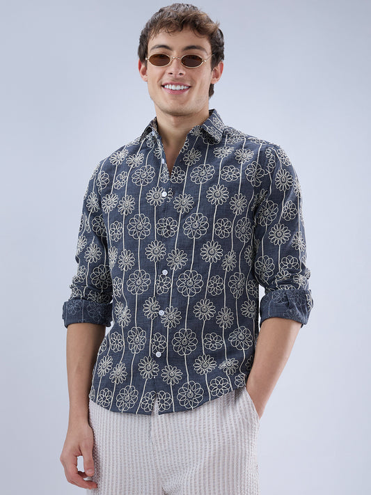 Anchor Grey Floral Embroidered Slub Shirt