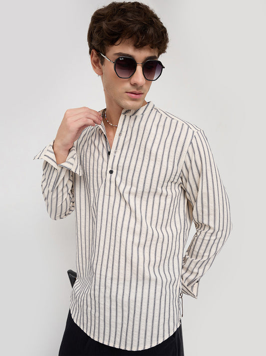 Coastal Ivory Motif Striped Seersucker Embroidered Kurta