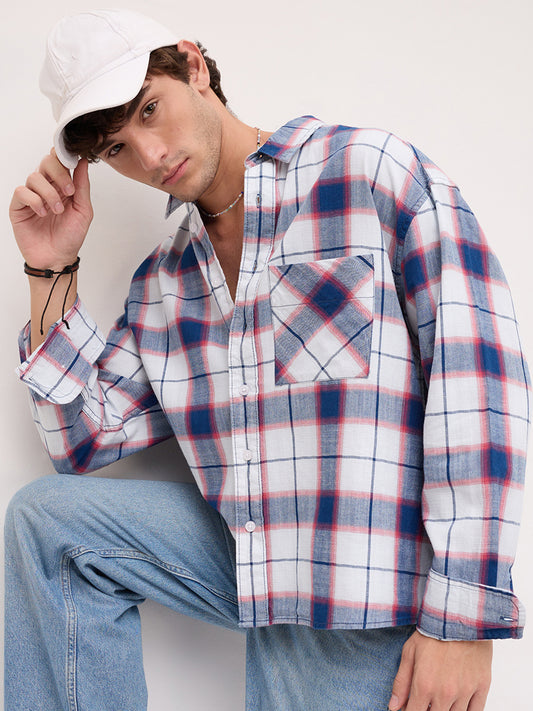 Denim Multi Tone Herringbone Checks Boxy Fit Crop Shirt