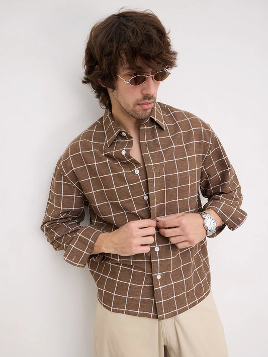 Natural Wood Brown Square Checks Boxy Fit Crop Shirt