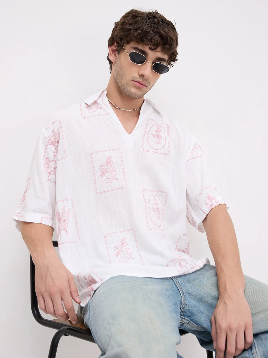 Old Rose Pink Florèal Frame Embroidery Polo Oversized Shirt