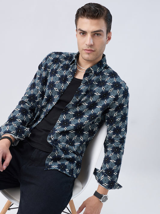 Ocean Blue Motif Bloom Corduroy Shirt