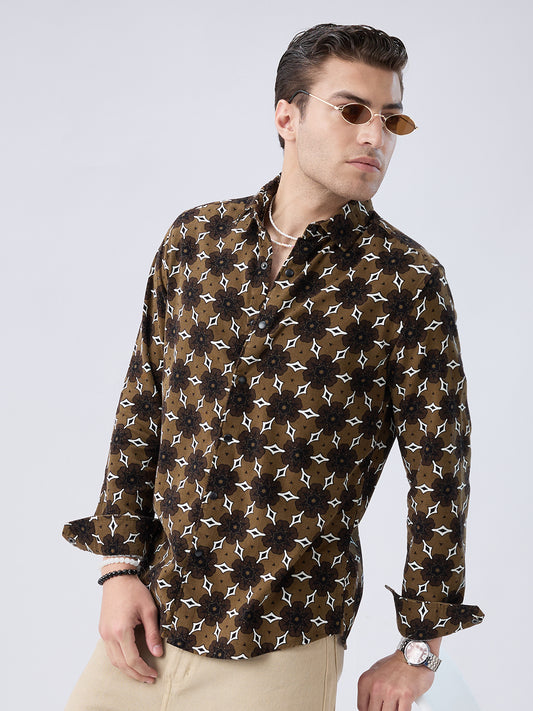 Coffee Brown Floral Bloom Corduroy Shirt