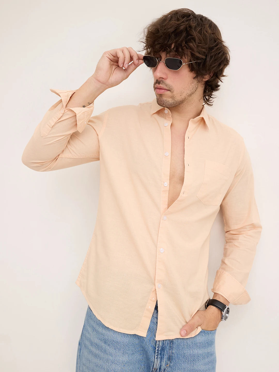 Soft Peachy Beige Slub Textured Shirt