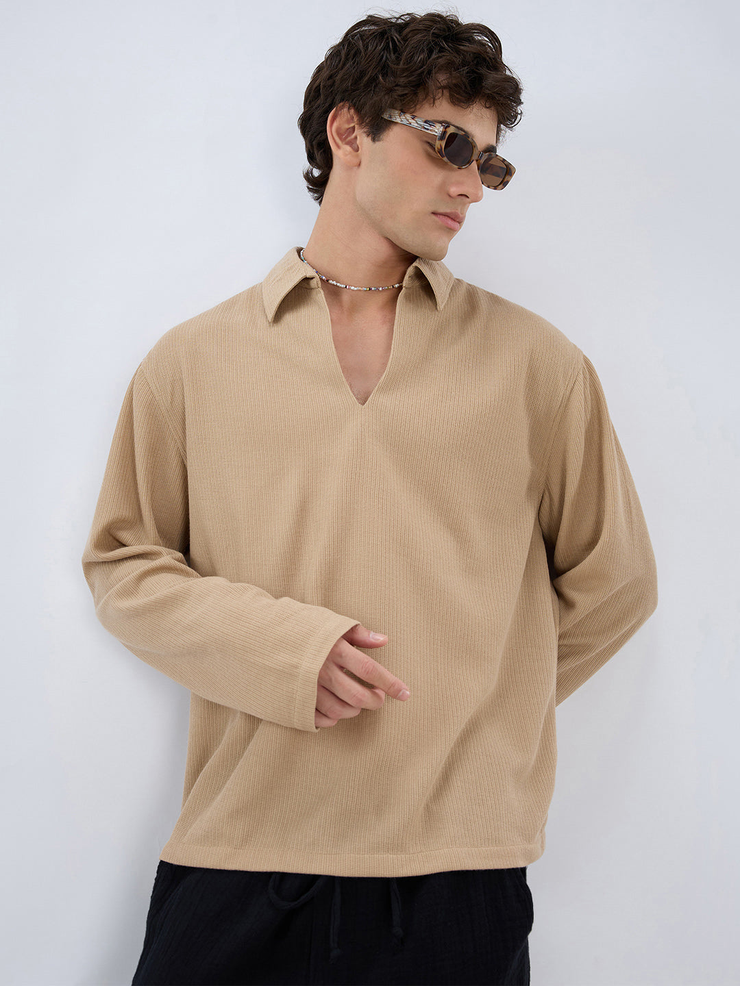 Tan Micro Weave Knitted Oversized Polo Shirt