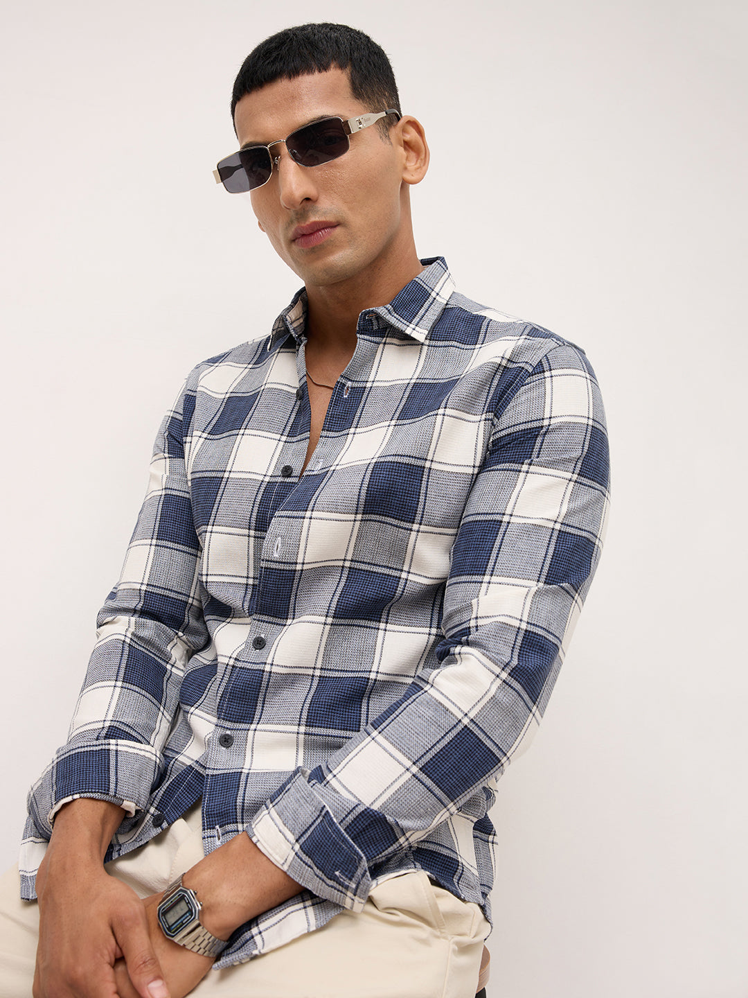 Navy & White Bold Frame Checks Shirt