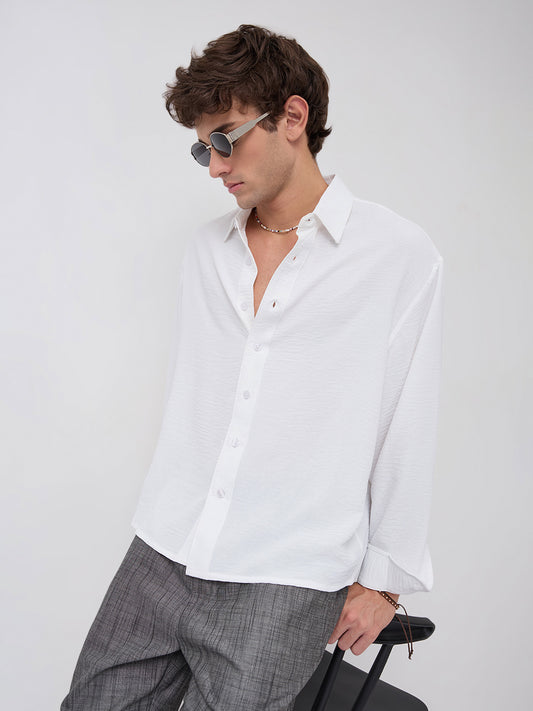 Snow White Crinkled Boxy Fit Crop Shirt