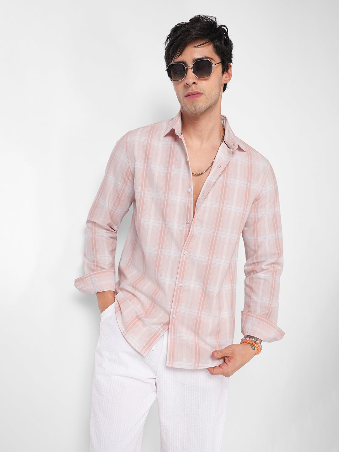 Elegant Soft Blush Peach Plaid Checks Shirt
