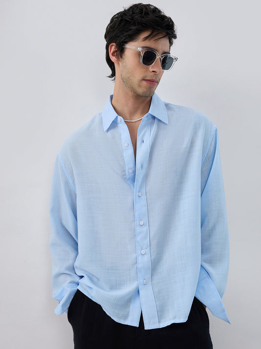 Baby Blue Slub Textured Boxy Fit Crop Shirt