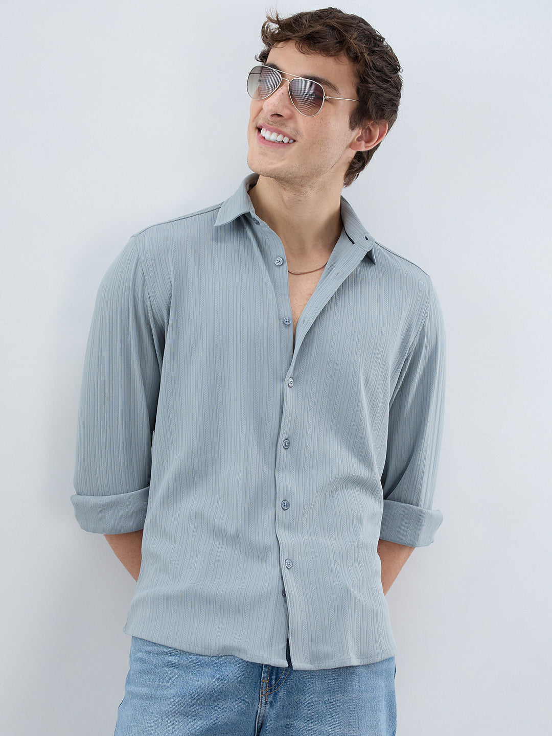 Classic Grey Fine Vertical Ribbed Knitted Shirt