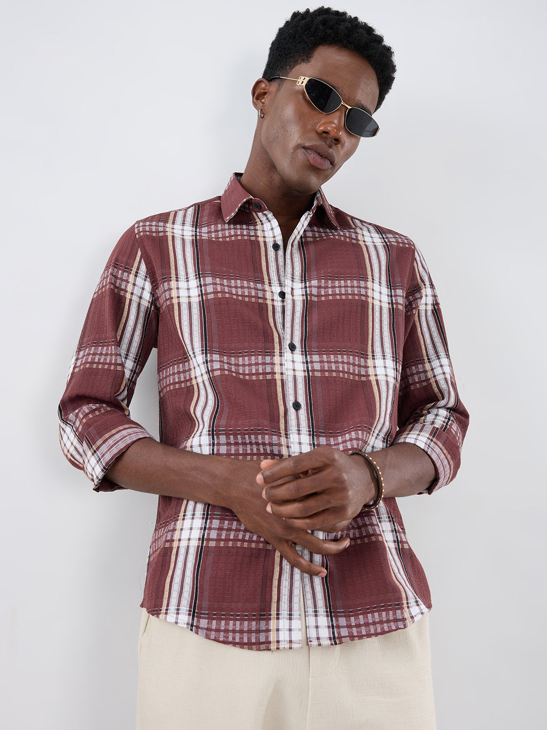 Autumn Brew Soft Textured Checks Maroon Shirt