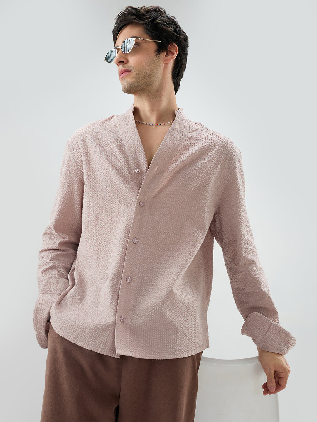 Taupe Beige Seersucker Striped Stand Collar Oversized Shirt
