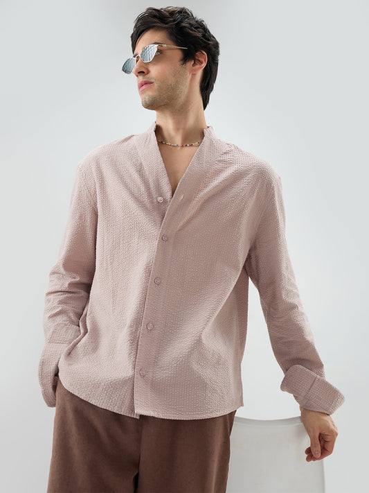 Taupe Beige Seersucker Striped Stand Collar Oversized Shirt