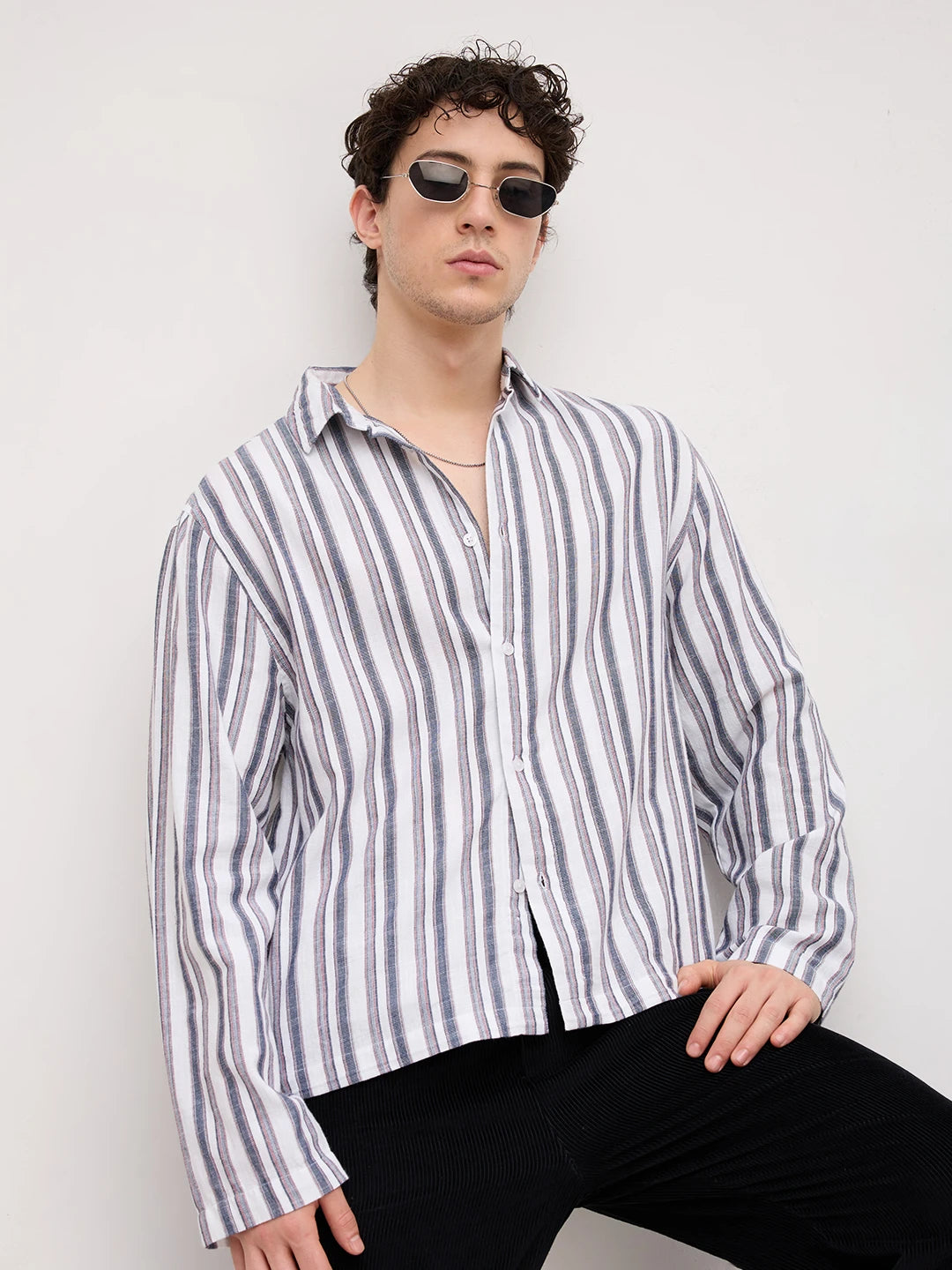 White & Navy Multistriped Cuffless Oversized Shirt
