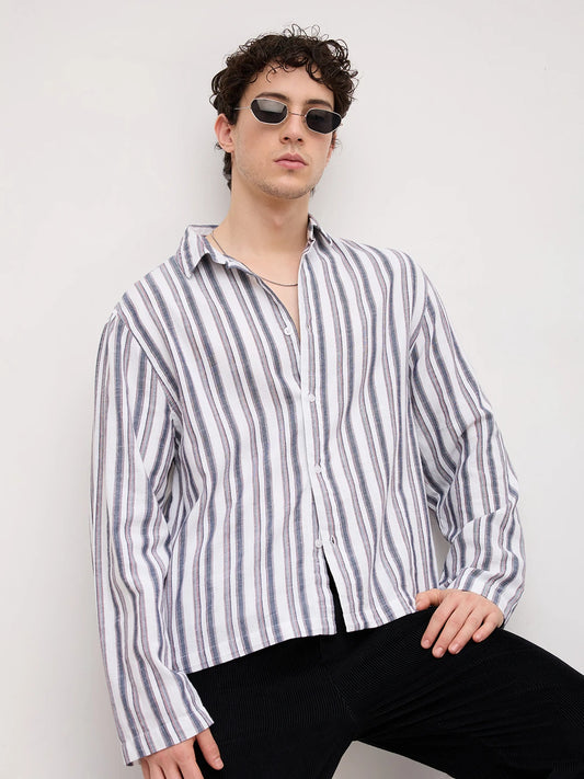 White & Navy Multistriped Cuffless Oversized Shirt