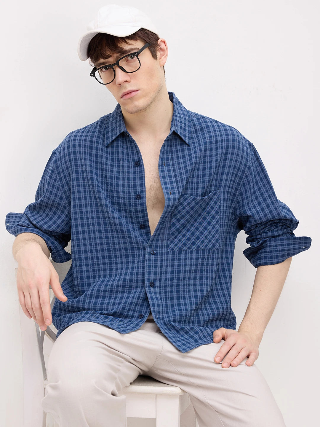 Prussian Blue Atelier Checked Boxy Fit Crop Shirt