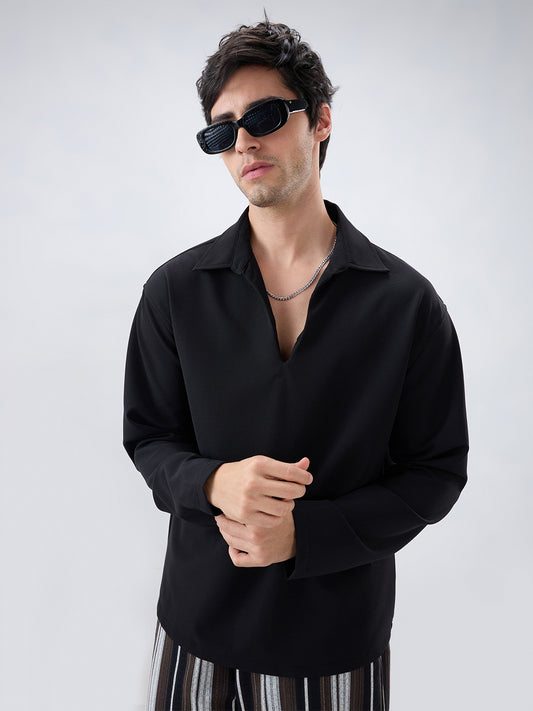 Timeless Black Oversized Polo Tencel Knit Shirt