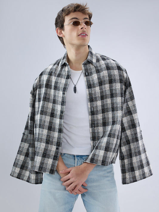 Black & White Textured Interweave Boxy Fit Crop Shirt