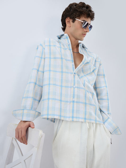 Premium Summer Sky Fine Weave Linen Blend Boxy Fit Crop Shirt