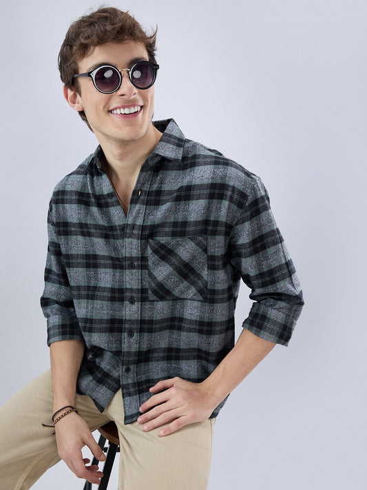 Olive & Black Multicolor Boxy Fit Crop Shirt