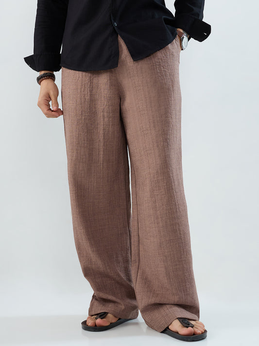 Caramel Brown Slub Textured Wide-Leg Trousers