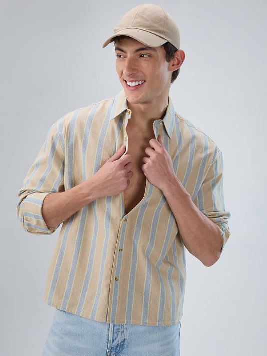 Tan & Navy Contrast Tape Striped Boxy Fit Crop Shirt