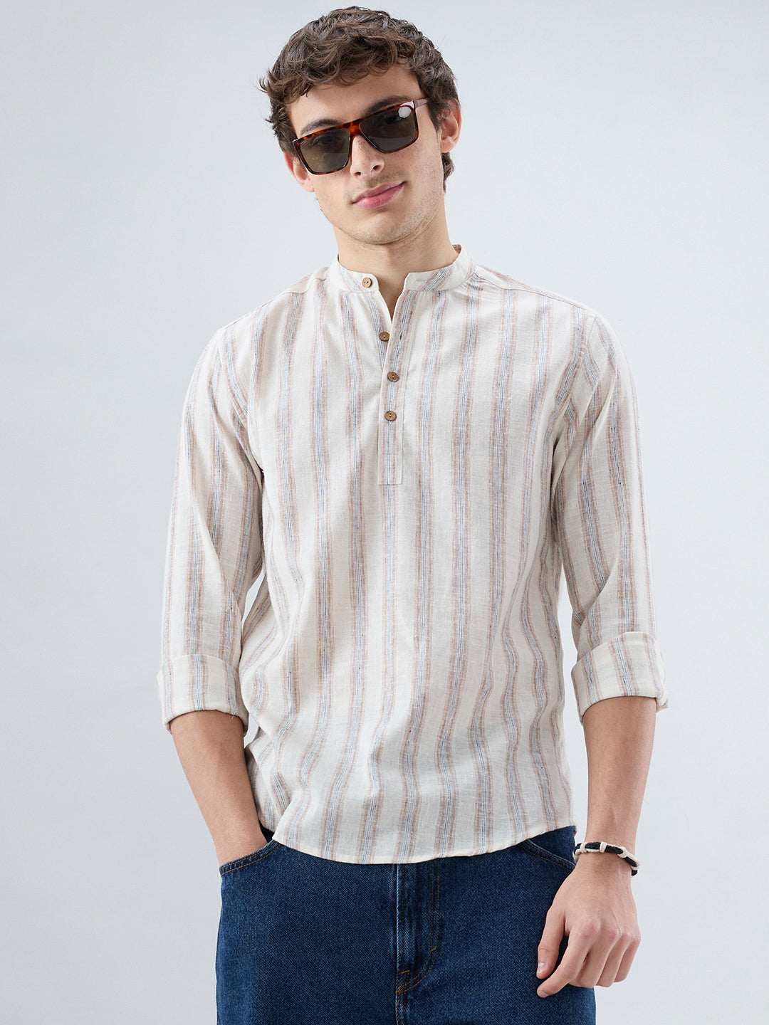 Ivory Multi Line Vertical Striped Kurta