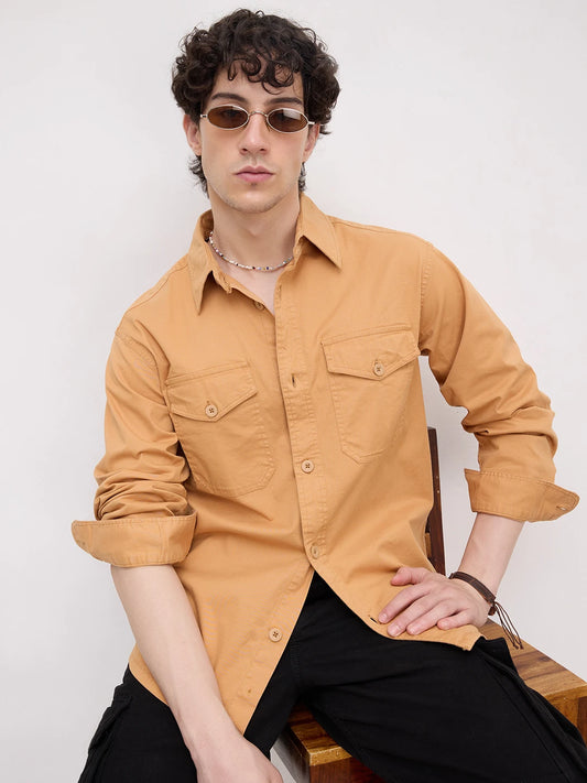 Solid Tangerine Double Pocket Overshirt