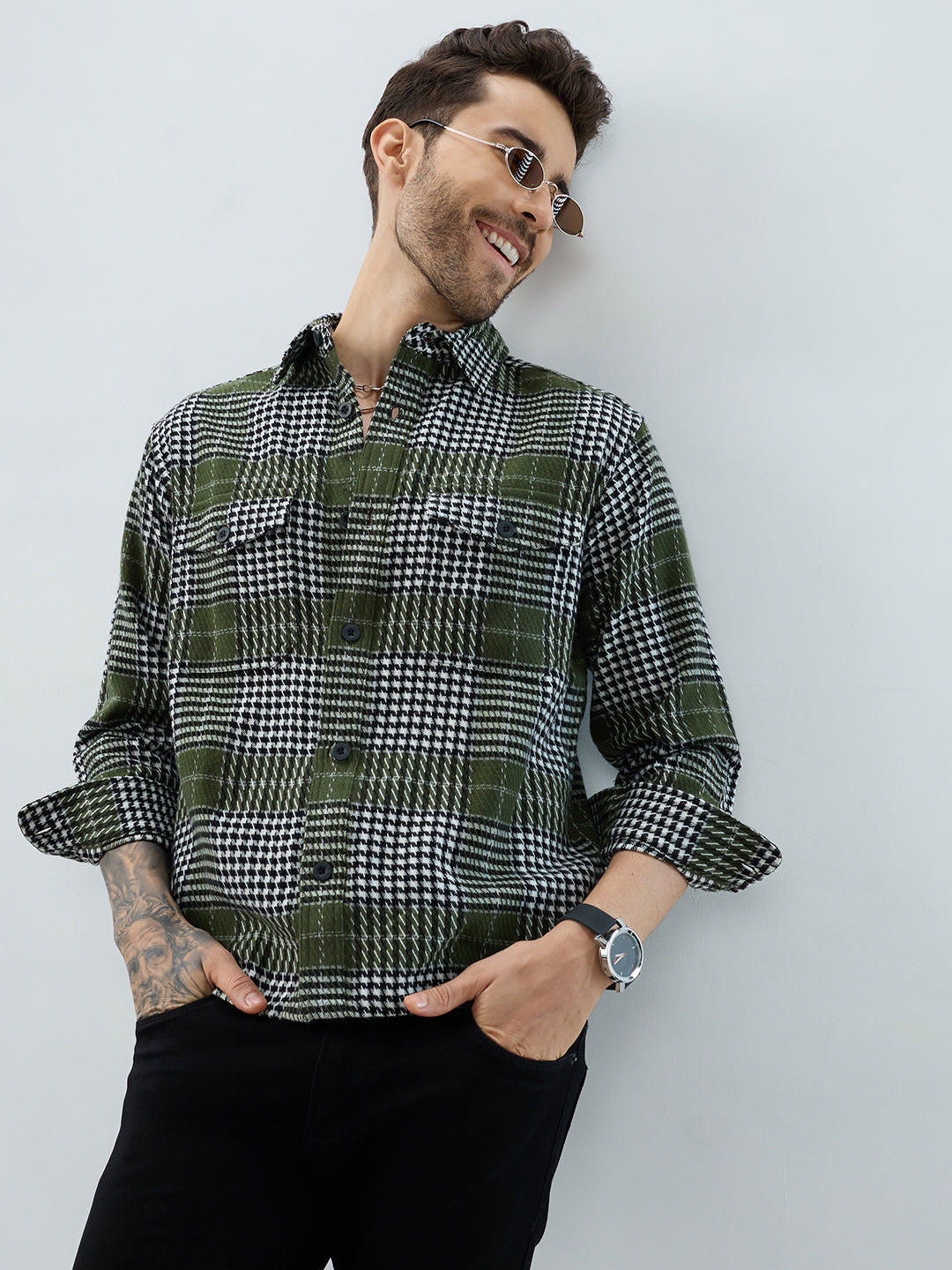Olive Houndstooth Checkmate Twin Pocket Flannel Shirt