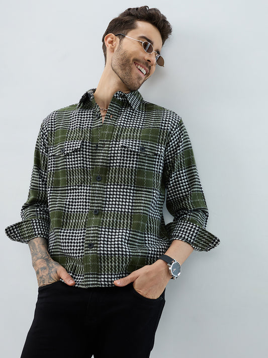 Olive Houndstooth Checkmate Twin Pocket Flannel Shirt