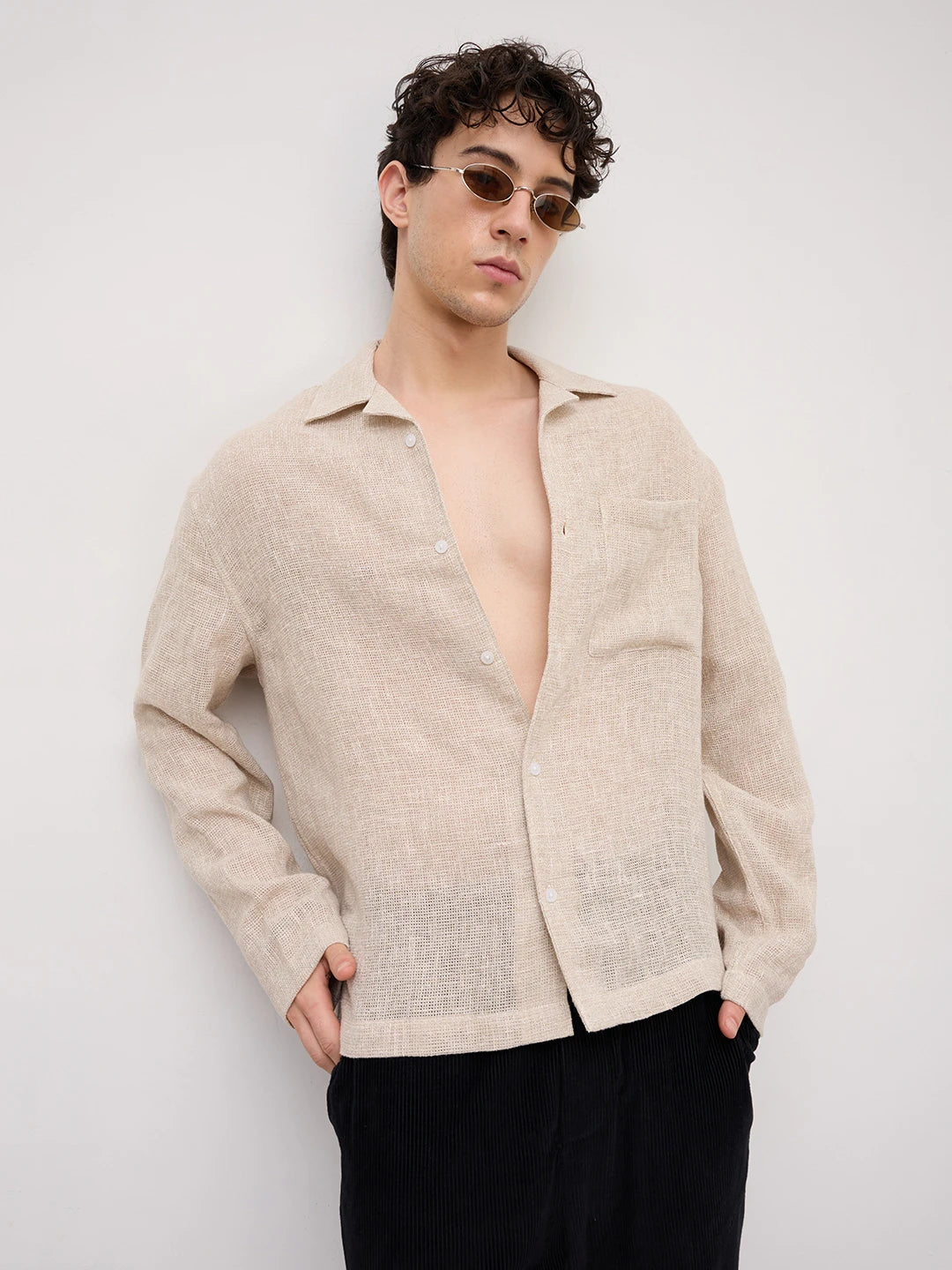 Artisan Sand Mesh Weave Notch Collar Oversized Shirt