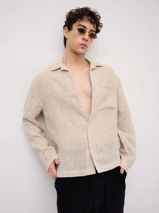 Artisan Sand Mesh Weave Notch Collar Oversized Shirt