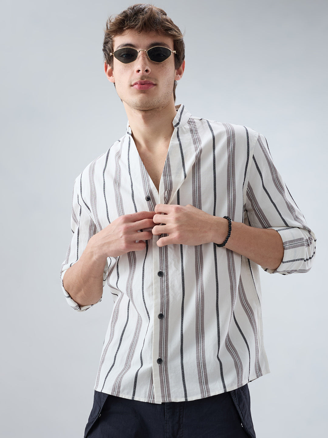 White Intricate Motif Contrast Striped Stand Collar Oversized Shirt