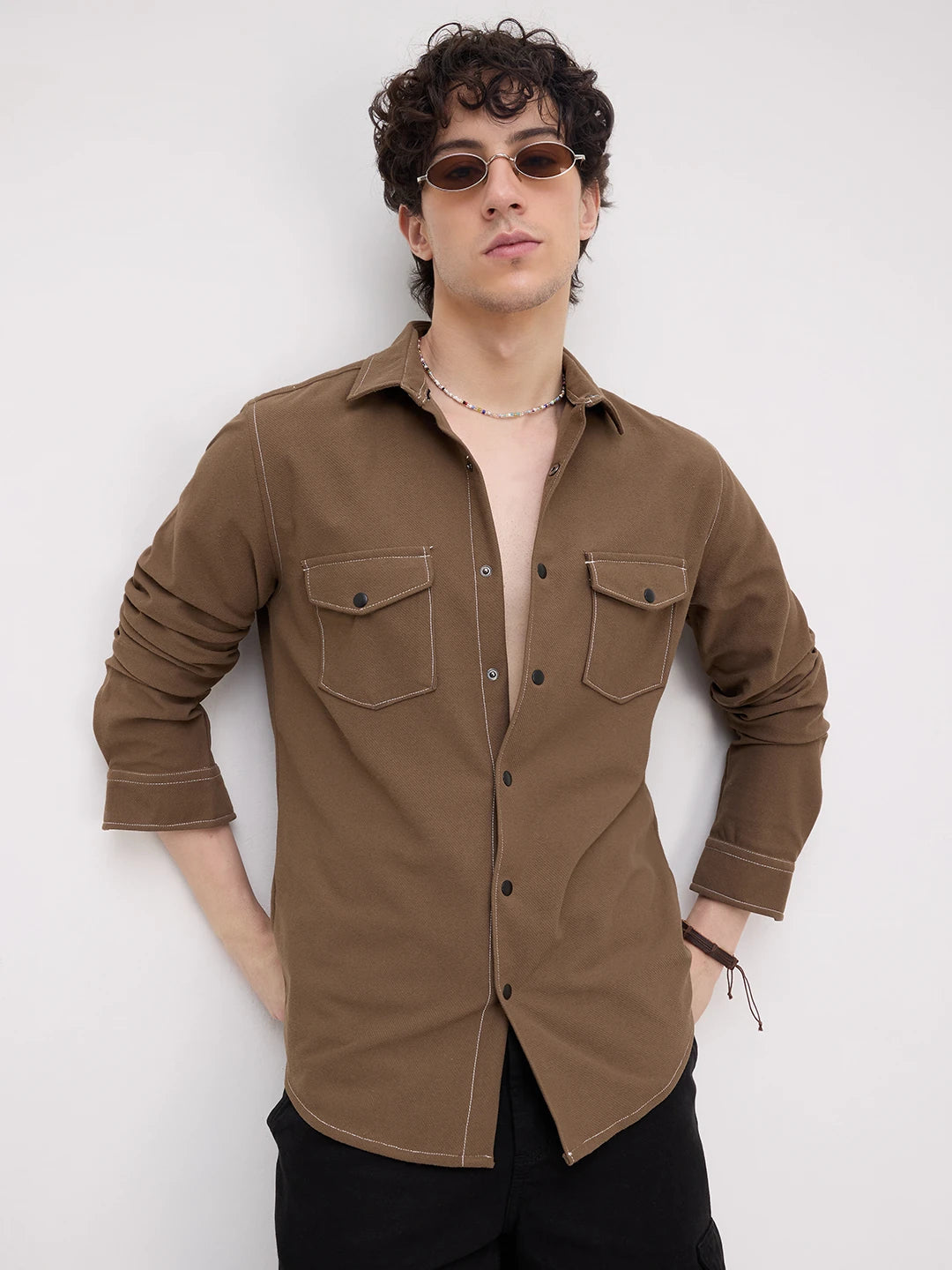 Walnut Brown Twin Pocket Knitted Overshirt